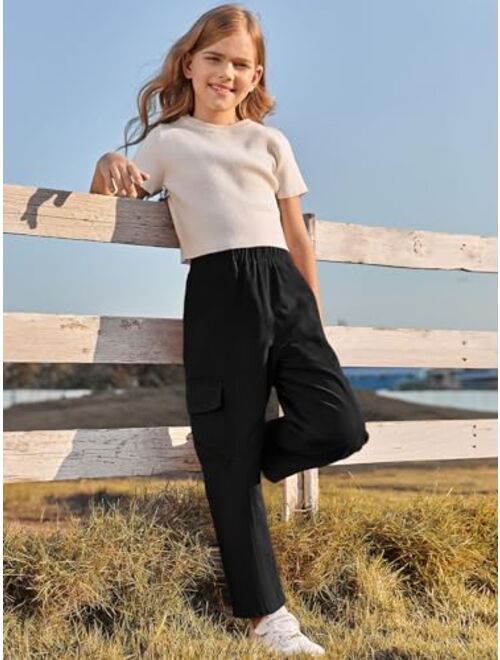 Haloumoning Girls Cargo Pants Kids Fashion Elastic Waist Jogger Trousers with Pockets 5-14 Years