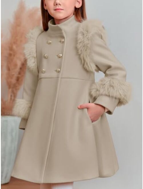 Haloumoning Toddler Girls Faux Fur Dress Coat Kids Winter Warm Jacket Long Sleeve Button Wool Coat 1-8 Years