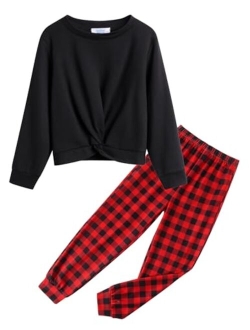 Girls 2 Piece Outfits Fashion Twist Front Tracksuit Long Sleeve Pullover Sweatshirt Sweatpants Jogger set Sweatsuit