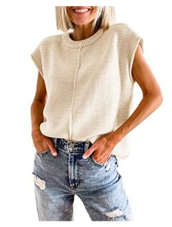 Saodimallsu Womens Summer Cap Sleeve Tops Casual Crew Neck Loose Fit Knit Lightweight Sweater Pullover Top