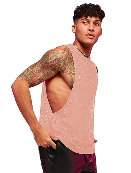 WDIRARA Men's Glitter Sequin Round Neck Sleeveless Tank Tops Cut Open Side Club Party T Shirt