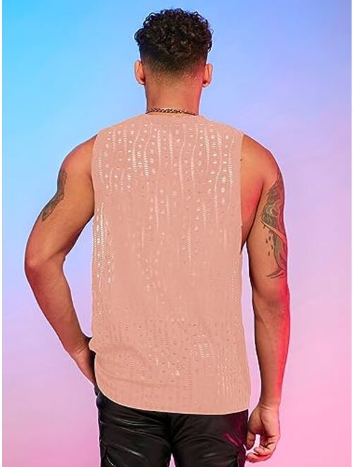 WDIRARA Men's Glitter Sequin Round Neck Sleeveless Tank Tops Cut Open Side Club Party T Shirt