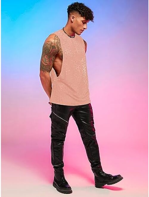 WDIRARA Men's Glitter Sequin Round Neck Sleeveless Tank Tops Cut Open Side Club Party T Shirt