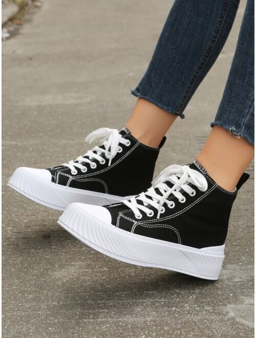ZiyuWomen’s Lace-up Front High Top Canvas Shoes, High-top Black Solid Color Women's Casual Sports Shoes