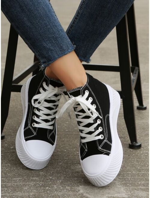 ZiyuWomen’s Lace-up Front High Top Canvas Shoes, High-top Black Solid Color Women's Casual Sports Shoes