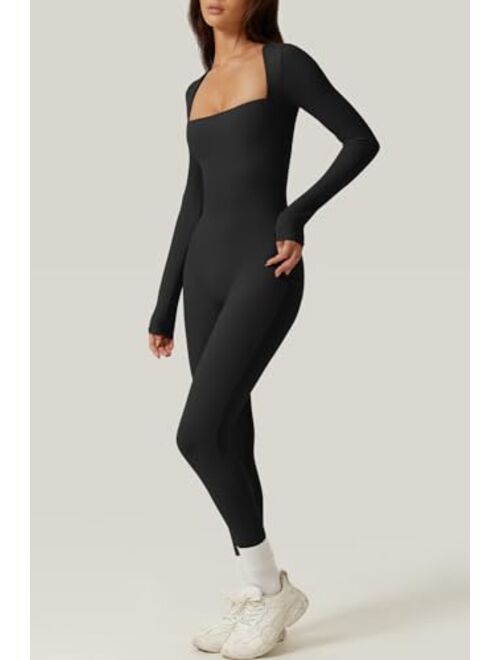 QINSEN Womens Sexy Square Neck Long Sleeve Full Length Leggings Bodycon Stretch Jumpsuit