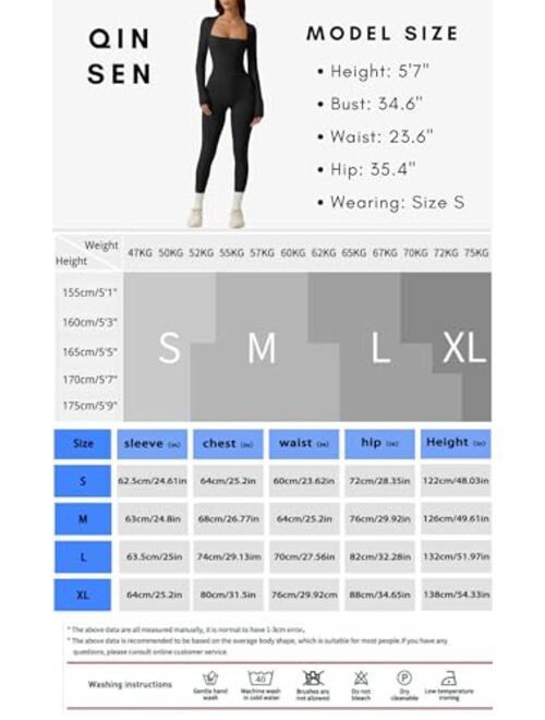 QINSEN Womens Sexy Square Neck Long Sleeve Full Length Leggings Bodycon Stretch Jumpsuit