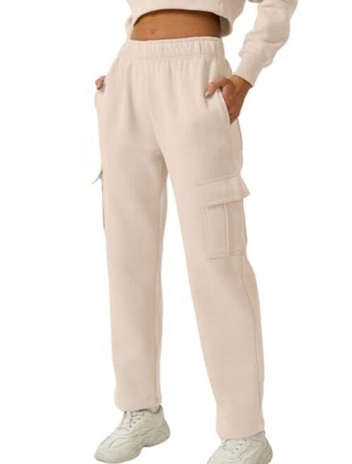 QINSEN Womens Medium Waist Baggy Elastic Waist Sweatpants Casual Fleece Long Pants with Pockets