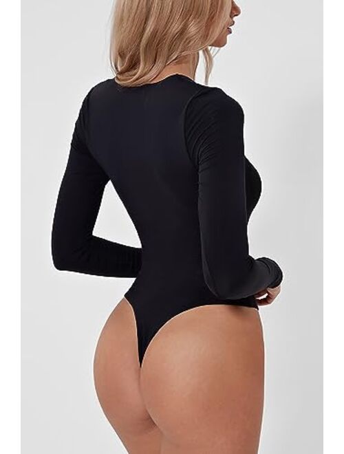 QINSEN Women's Sexy Square Neck Bodysuit Long Sleeve Double Shirt Tops