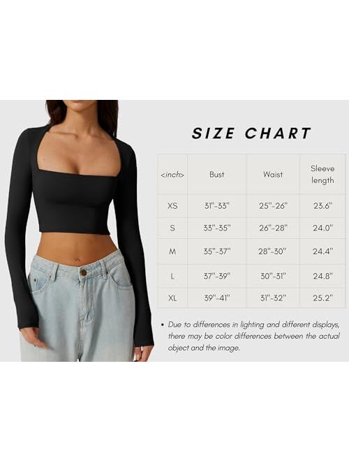 QINSEN Women's Sexy Square Neck Crop Top Long Sleeve Slim Fit Cropped T Shirts