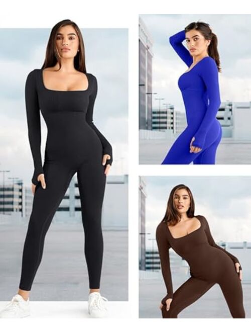 Popilush Long Sleeve Jumpsuit for Women Built-In Bra Seamless Ribbed Square Neck Full Length Bodycon Romper Jumpsuits