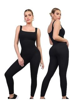Popilush Jumpsuits for Women Built-In Bra Rompers Seamless Ribbed Outfits Yoga Sleeveless Workout Set