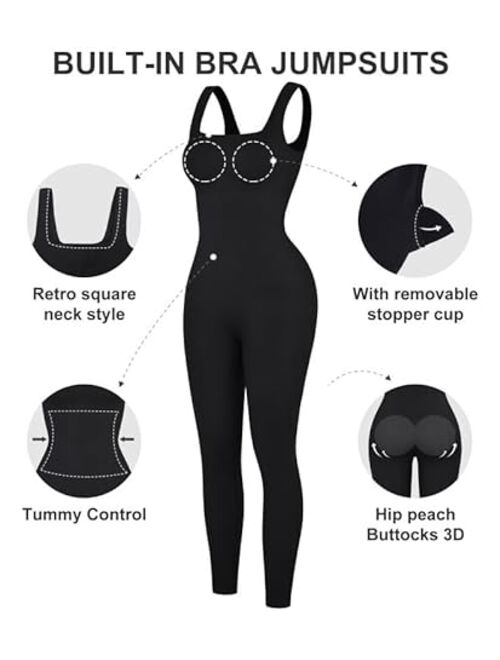 Popilush Jumpsuits for Women Built-In Bra Rompers Seamless Ribbed Outfits Yoga Sleeveless Workout Set