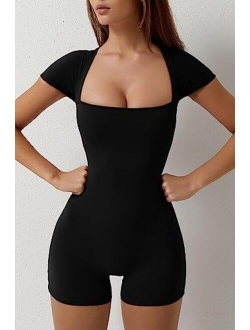 Women's Short Sleeve Bodycon Romper Stretchy Square Neck Sexy Unitard Jumpsuit
