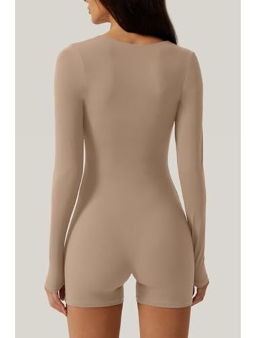 QINSEN Women's Long Sleeve Bodycon Romper Stretchy Square Neck Sexy Unitard Jumpsuit