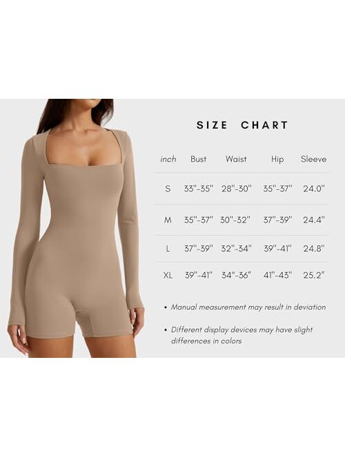 QINSEN Women's Long Sleeve Bodycon Romper Stretchy Square Neck Sexy Unitard Jumpsuit