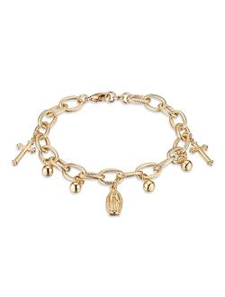 14K Gold Plated Cable Chain Bracelet for Women Girl Dainty Rosary Bead Cross Virgin Mary Link Bracelet Jewelry Gift