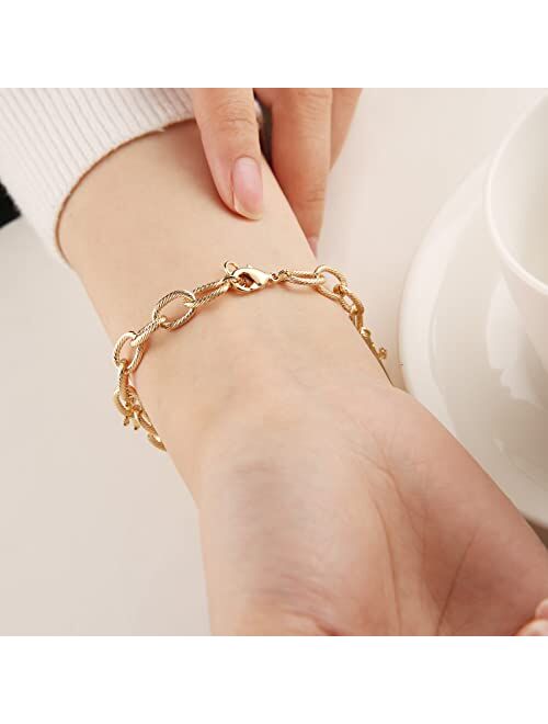 HZMAN 14K Gold Plated Cable Chain Bracelet for Women Girl Dainty Rosary Bead Cross Virgin Mary Link Bracelet Jewelry Gift