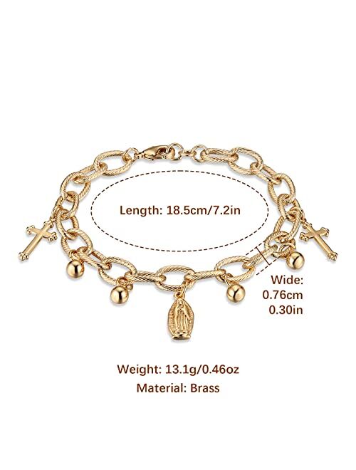 HZMAN 14K Gold Plated Cable Chain Bracelet for Women Girl Dainty Rosary Bead Cross Virgin Mary Link Bracelet Jewelry Gift