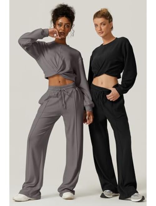 QINSEN Women 2 Piece Outfits Sweatsuit Set Twist Front Cropped Sweatshirt Wide Leg Sweatpant Lounge Set Tracksuit