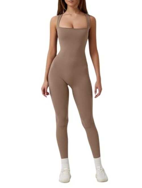 QINSEN Jumpsuit for Women Strappy Square Neck Full Length Leggings Bodycon Onesie Rompers