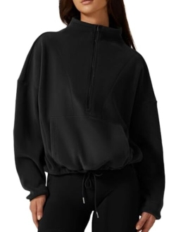 Women Half Zip Fleece Sweatshirt Mock Neck Long Sleeve Winter Cozy Sherpa Pullover Sweater Tops
