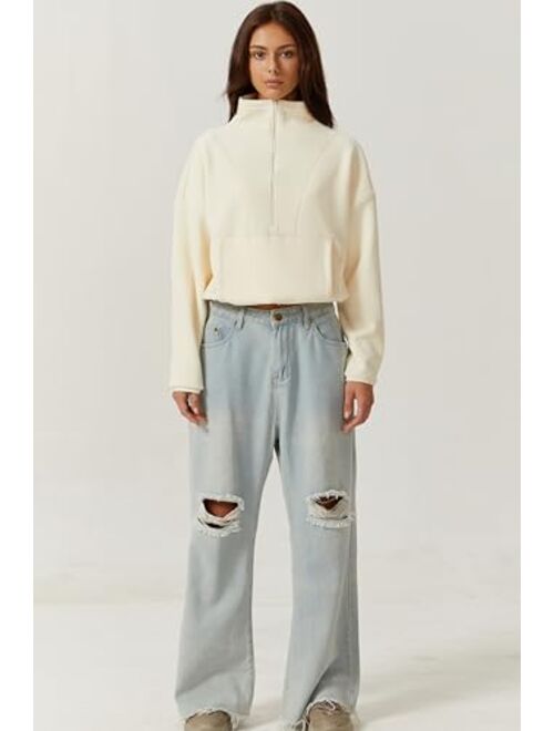 QINSEN Women Half Zip Fleece Sweatshirt Mock Neck Long Sleeve Winter Cozy Sherpa Pullover Sweater Tops