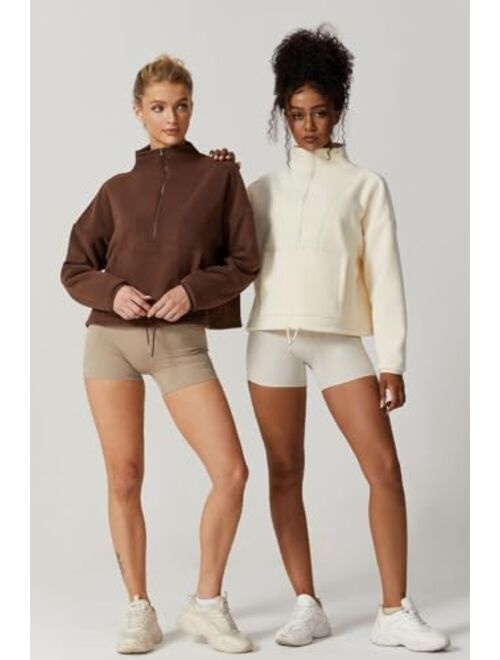 QINSEN Women Half Zip Fleece Sweatshirt Mock Neck Long Sleeve Winter Cozy Sherpa Pullover Sweater Tops