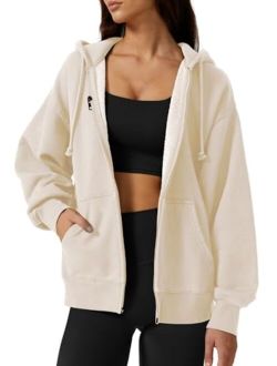 Women's Relaxed Zip-Up Hoodie Fall Oversized Sweatshirt Cozy Fleece Jacket with Pocket