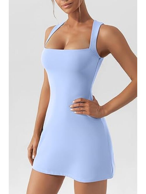 QINSEN Women's Square Neck Bodice Dress Sleeveless Tank Top Stretch Flare Mini Dresses（No Built in Shorts）