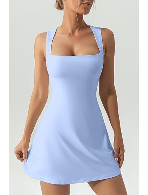 QINSEN Women's Square Neck Bodice Dress Sleeveless Tank Top Stretch Flare Mini Dresses（No Built in Shorts）