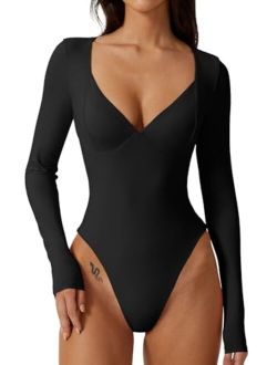 Women's Long Sleeve Bodysuit V Neck Body Suits Seamed Cup Going Out Tops Shirt