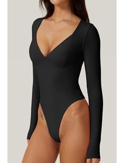QINSEN Women's Long Sleeve Bodysuit V Neck Body Suits Seamed Cup Going Out Tops Shirt