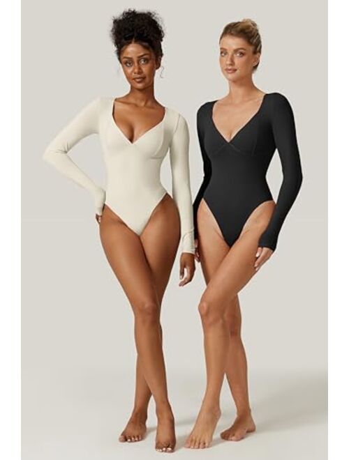 QINSEN Women's Long Sleeve Bodysuit V Neck Body Suits Seamed Cup Going Out Tops Shirt