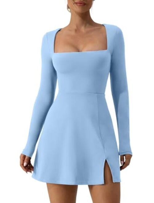 QINSEN Womens Square Neck Bodice Dress Long Sleeve Side Slit Flare Mini Dresses
