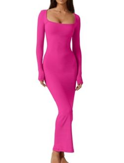 Women's Long Maxi Dress Square Neck Long Sleeve Ribbed Bodycon Lounge Dresses