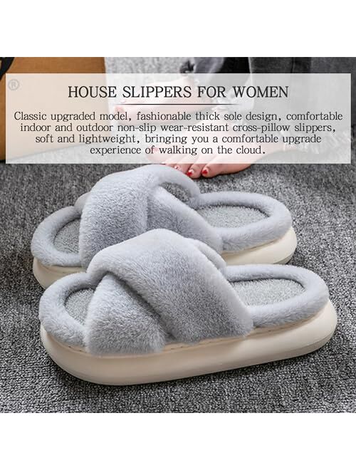 JANERIW-Women's Slippers,Warm And Cozy Fluffy Cross Open Toe House Shoes,Memory Foam Non-Slip Soft Thick Bottom Indoor/Outdoor