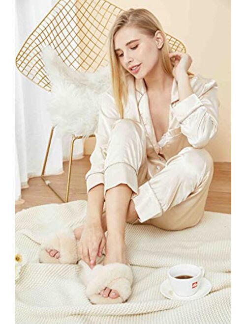 CLPP'LI Womens Cross Band Fluffy Fuzzette Slippers