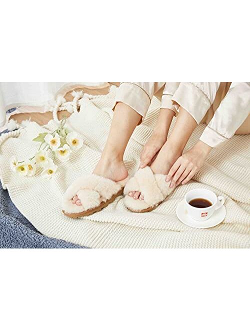CLPP'LI Womens Cross Band Fluffy Fuzzette Slippers