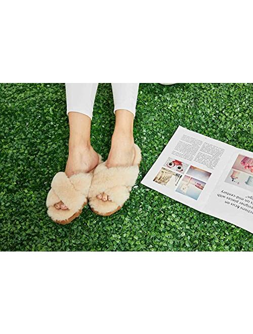 CLPP'LI Womens Cross Band Fluffy Fuzzette Slippers