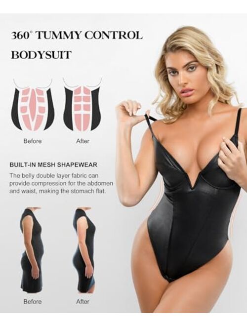 Popilush Bodysuits for Women Tummy Control - Faux Leather Deep V Neck Thong Shapewear Bodysuit Sleeveless Black Tank Top