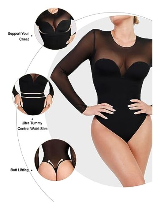 Popilush Shapewear Bodysuit For Women Tummy Control Long Sleeve Thong Bodysuit With Built In Bra Winter Outfits For Women