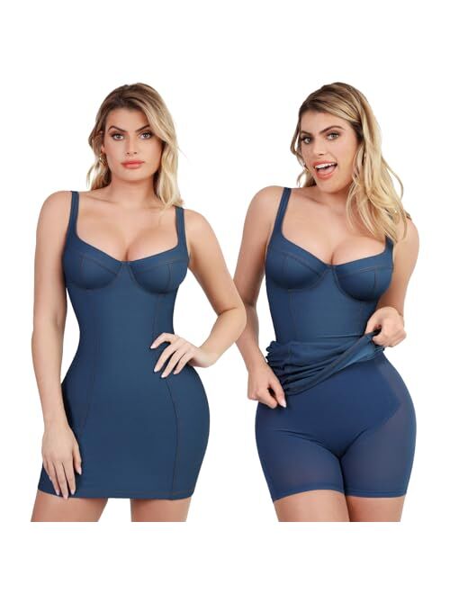 Popilush Denim Dress Shaper Dress Bodycon - with Built in Shapewear Sleeveless Jean Dress for Cocktail Party Concert