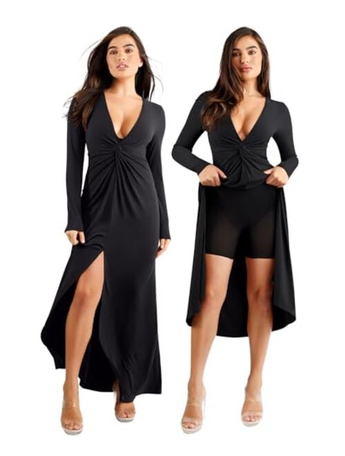 Popilush Shaper Long Sleeve Twist Deep V-Neck Maxi Dress Built in Shapewear 8 in 1 Women Sleeveless Slit Bodycon Dress