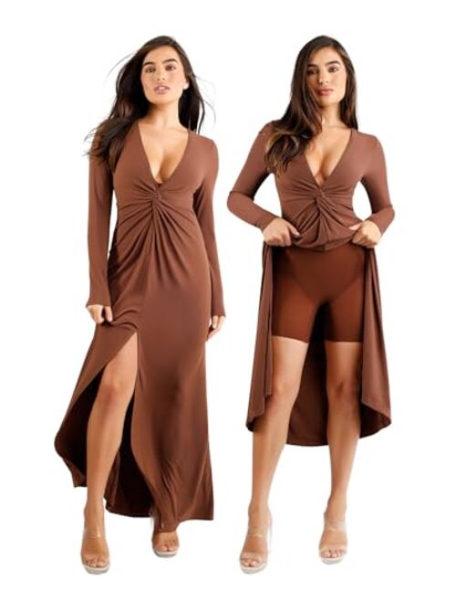 Popilush Shaper Long Sleeve Twist Deep V-Neck Maxi Dress Built in Shapewear 8 in 1 Women Sleeveless Slit Bodycon Dress