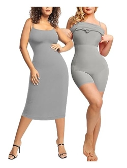 Popilush Shaper Dress Bodycon Summer Midi Dress Built in Shapewear Bra 9 in 1 Sleeveless Casual Slip Dress for Women