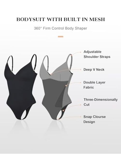 Popilush Corset Bodysuit Built in Bra - V Neck Bodysuits for Women Tummy Control Thong Shapewear Concert Outfits Club Tops