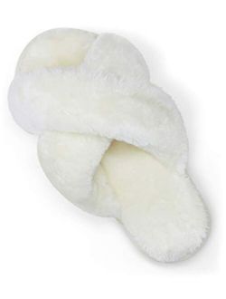 Vepose Women's Cross Band Slippers Soft Plush Furry Open Toe Fur Slides Fuzzy Fluffy Slip on House Shoes Indoor Outdoor Slippers