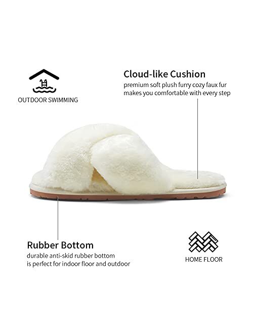 Vepose Women's Cross Band Slippers Soft Plush Furry Open Toe Fur Slides Fuzzy Fluffy Slip on House Shoes Indoor Outdoor Slippers