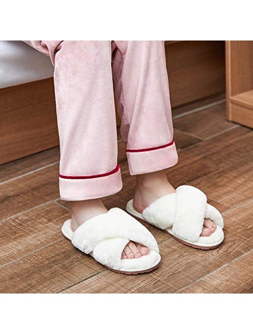 Vepose Women's Cross Band Slippers Soft Plush Furry Open Toe Fur Slides Fuzzy Fluffy Slip on House Shoes Indoor Outdoor Slippers